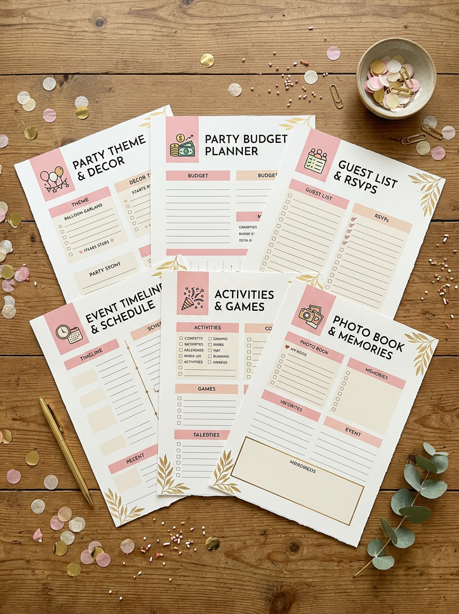 Six printable party planning resources including themes, budget tracker, and guest list templates